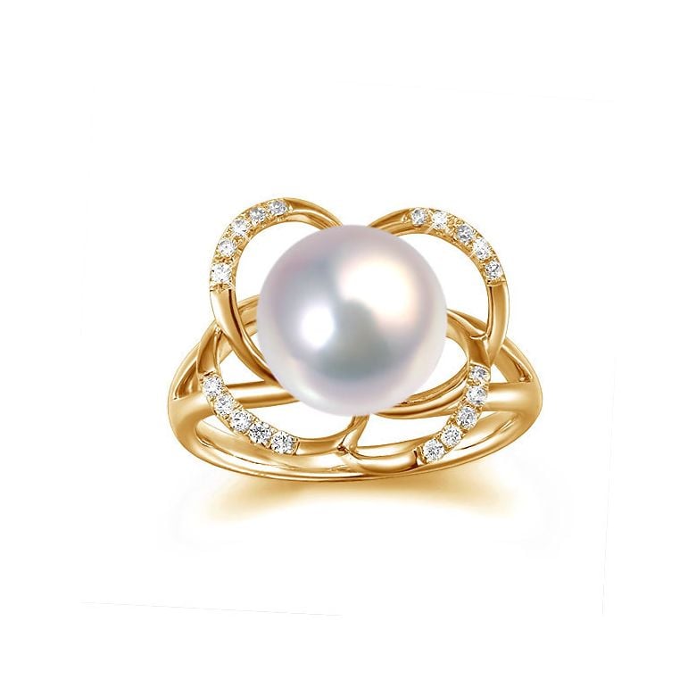 Bague en perle monde floral - Perle de culture or jaune et diamants - 2