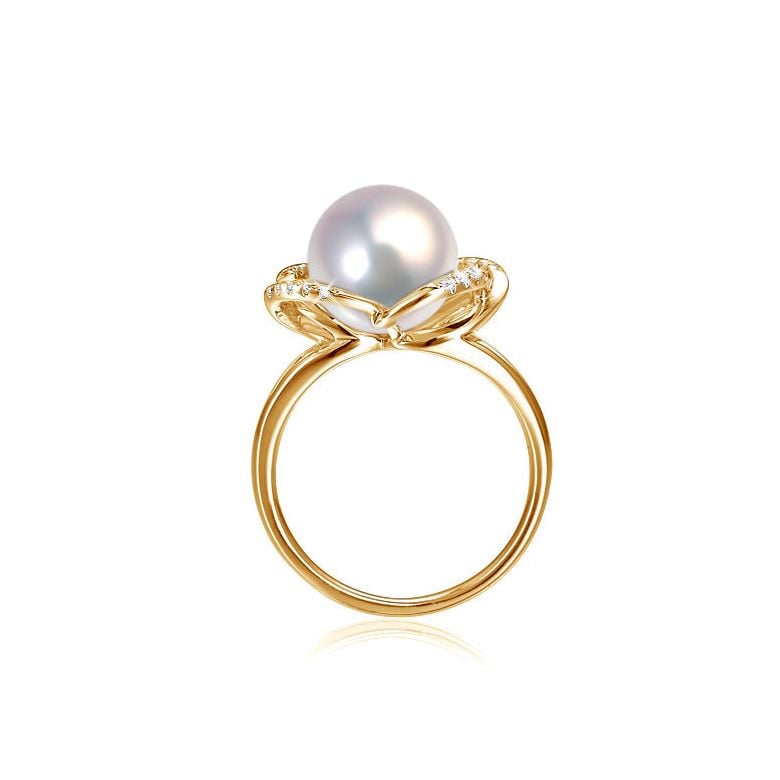 Bague en perle monde floral - Perle de culture or jaune et diamants - 3