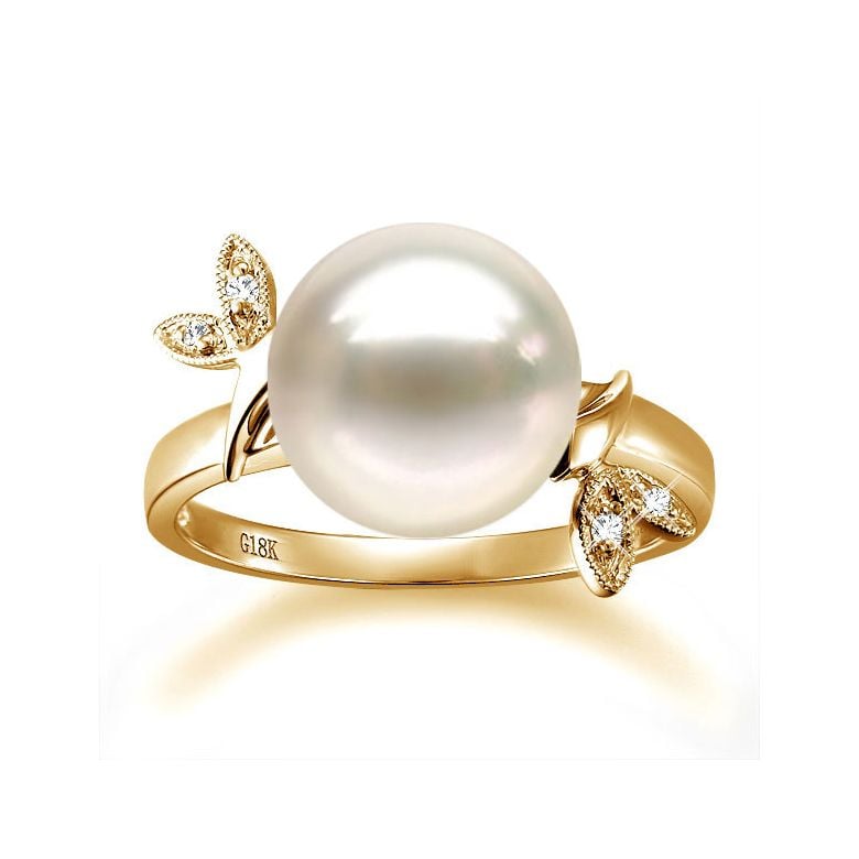 Bague Perle Or Jaune Diamant. Feuilles Étincelantes  - 2