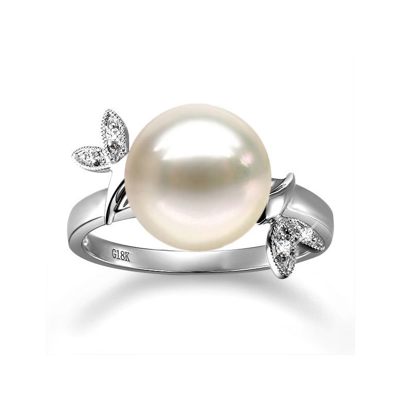 Bague Perle Or Blanc Diamant. Feuilles Étincelantes  - 2