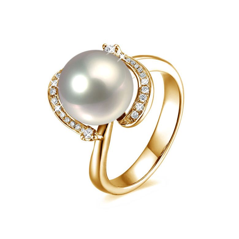 Bague voluptueuse or jaune et perle de culture blanche - Diamant pavé - 1
