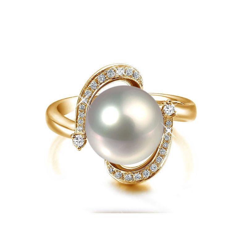Bague voluptueuse or jaune et perle de culture blanche - Diamant pavé - 2