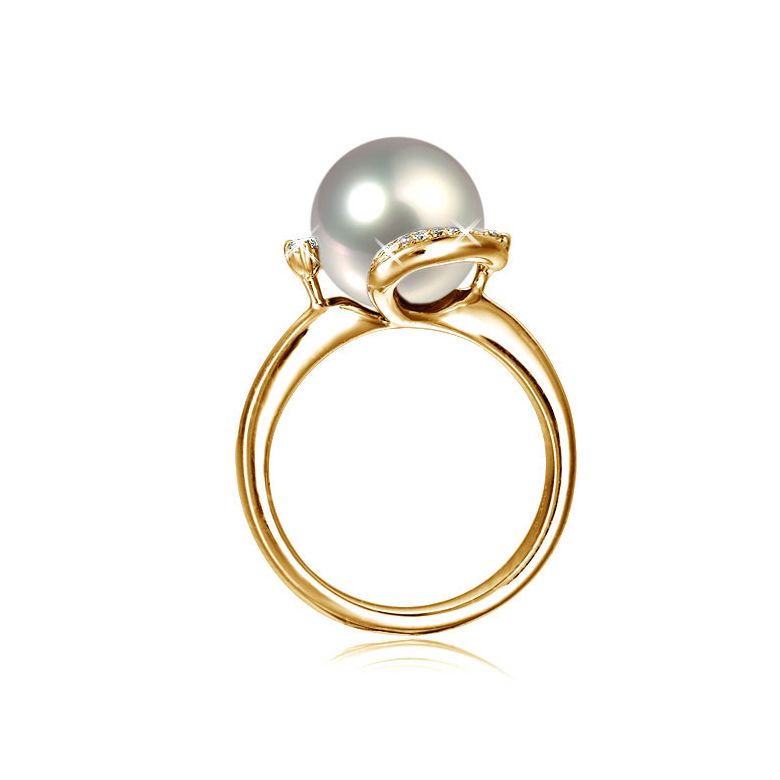 Bague voluptueuse or jaune et perle de culture blanche - Diamant pavé - 3