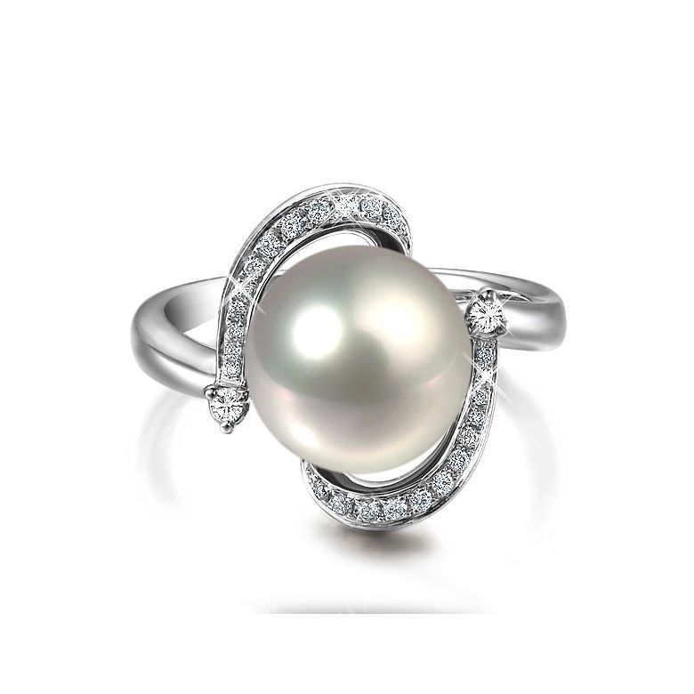 Bague voluptueuse or blanc et perle de culture blanche - Diamant pavé - 4