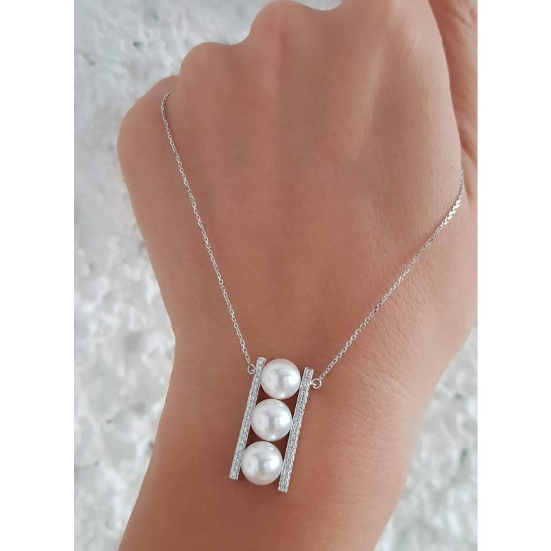 Pendentif 3 perles Akoya. Barettes or blanc sertis diamants. Otohiko - 5