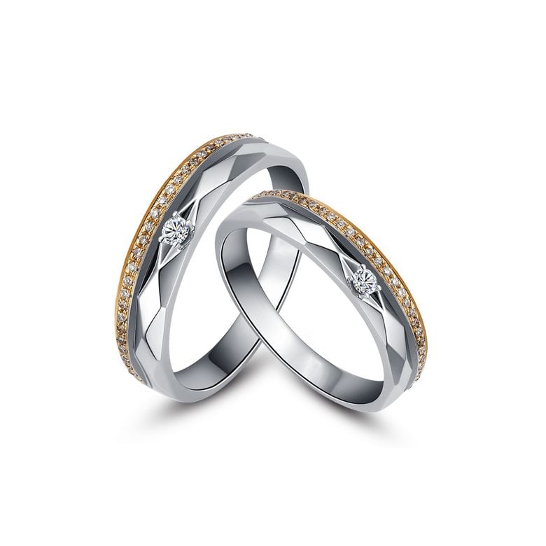 Alliances Duo 2 ors - Or blanc, rose - Diamants - Anneaux à facettes - 1