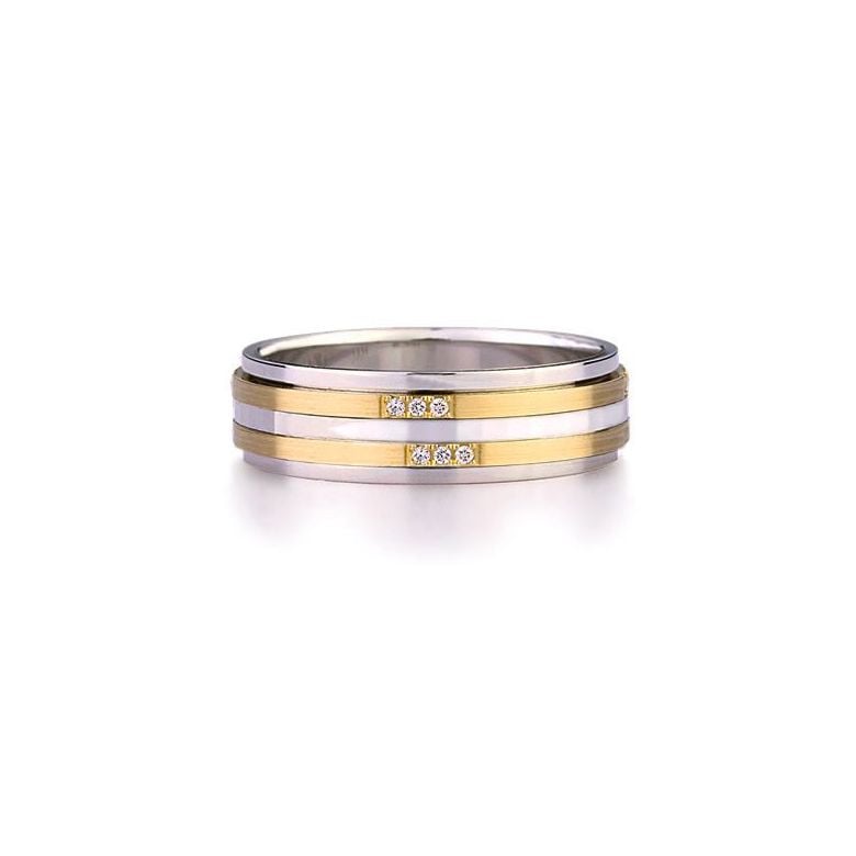 Alliance 2 ors Homme - Or blanc poli et jaune brossé - Diamants - 3