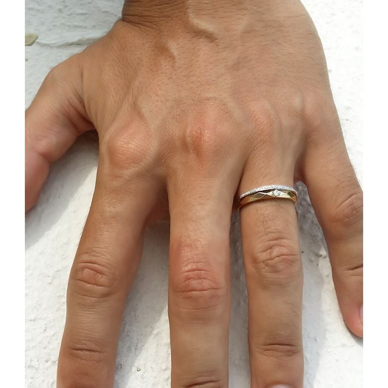 Alliance Homme 2 ors - Or blanc, rose - Diamants - Anneau à facettes - 2