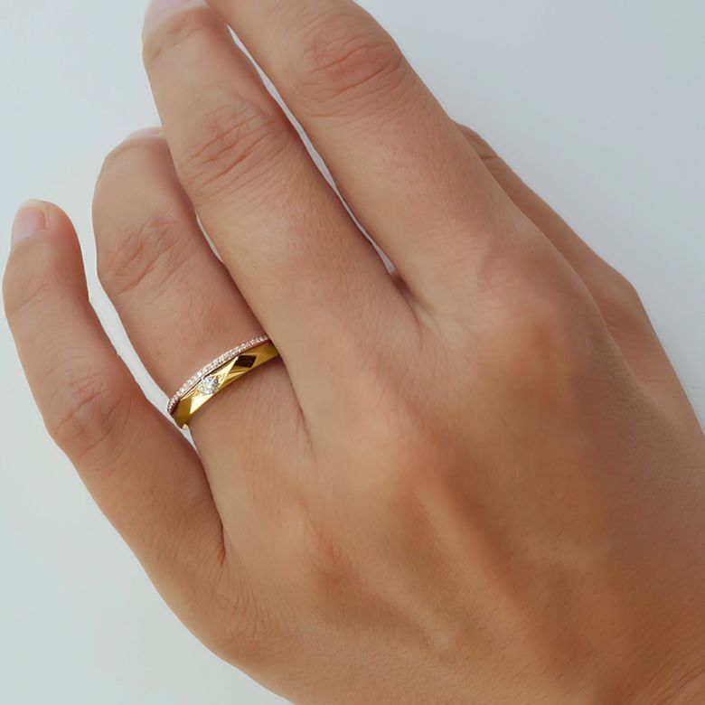Alliance Femme 2 ors - Or jaune, rose - Diamants - Anneau à facettes - 5