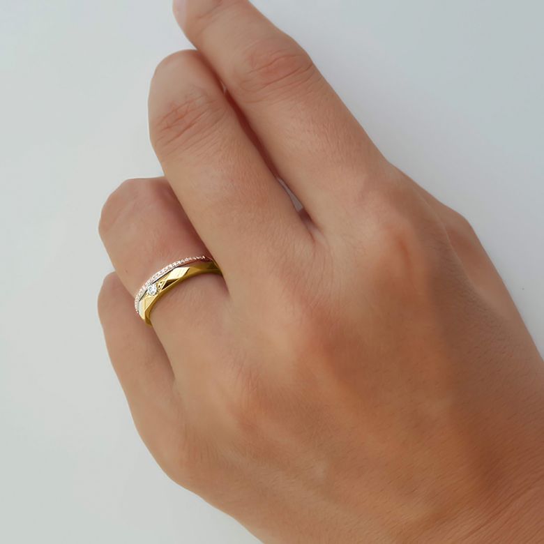 Alliance Femme 2 ors - Or jaune, rose - Diamants - Anneau à facettes - 6