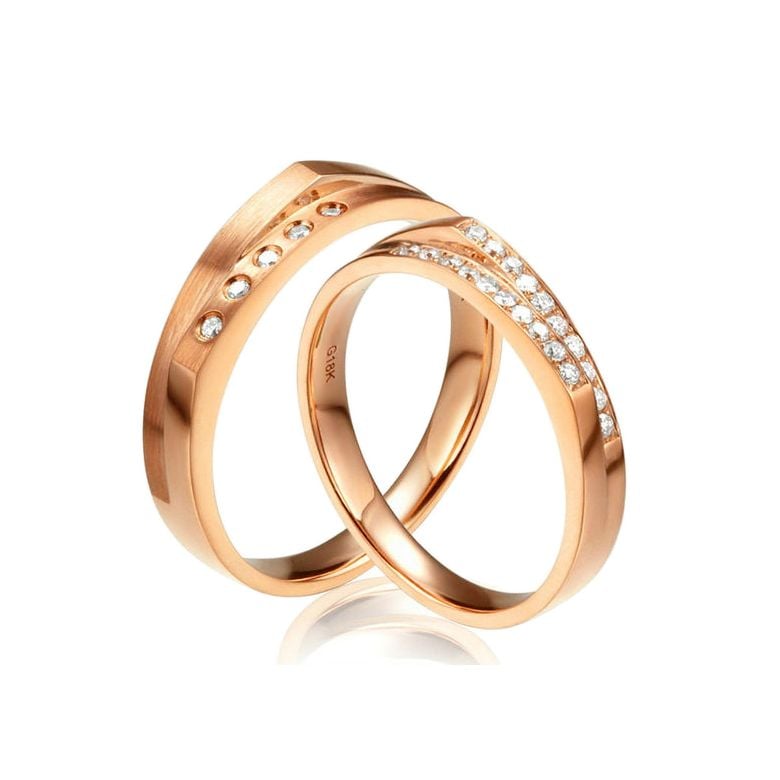 Alliances Homme et Femme en Or Rose 18cts et Diamants - 1