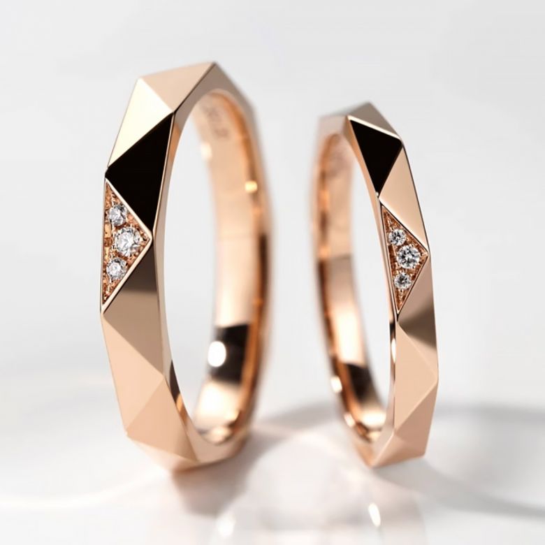 Alliances Triangulaire Couple en Or Rose 18ct et Diamants - 3