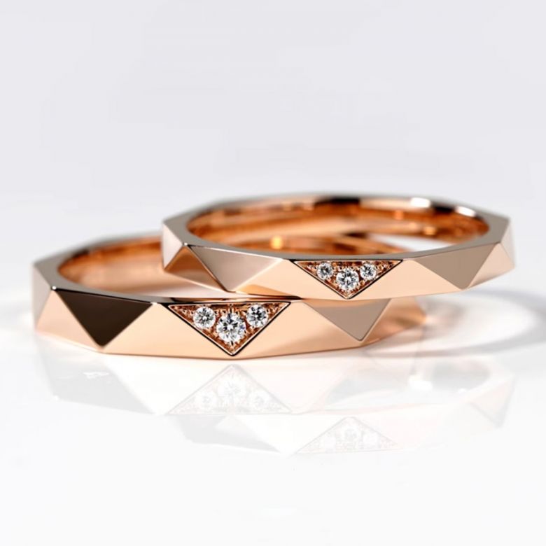Alliances Triangulaire Couple en Or Rose 18ct et Diamants - 1