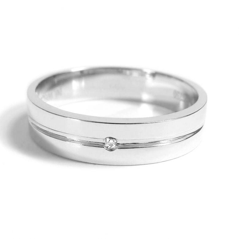 Alliance Homme or blanc 18cts - Diamant serti clos - 2