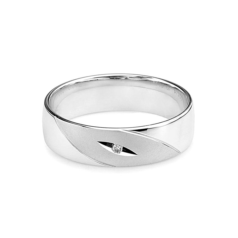 Alliance homme - Lignes fluides or blanc, diamant - Polie, brossée - 3