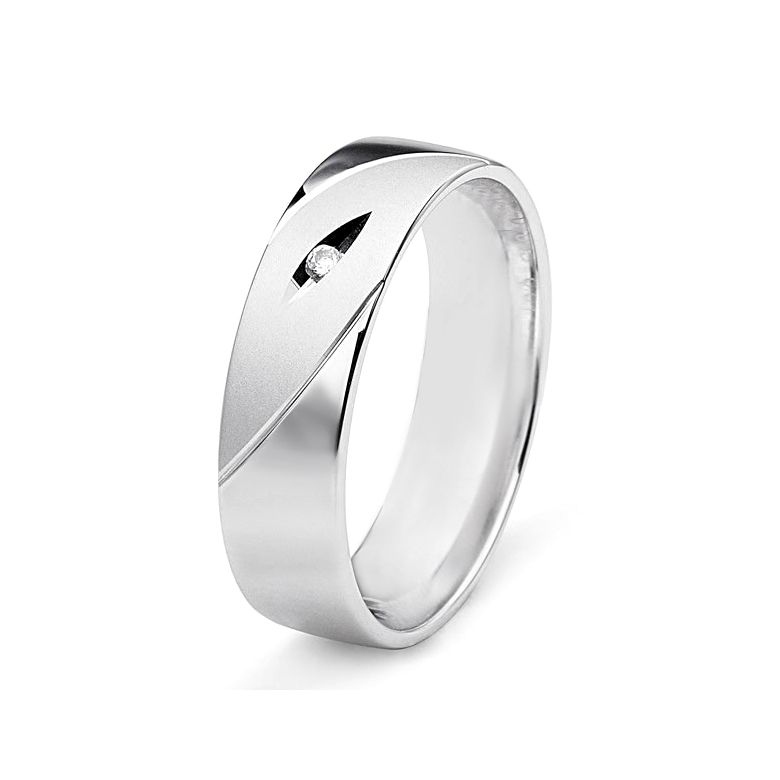 Alliance homme - Lignes fluides or blanc, diamant - Polie, brossée - 1