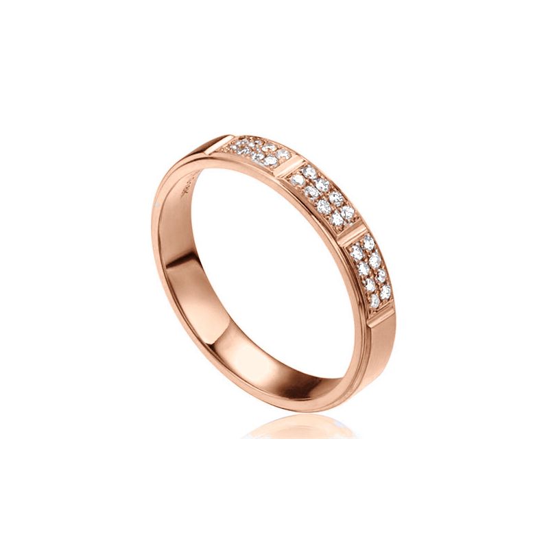 Alliance biseautée femme - Or rose pavage diamants - 1