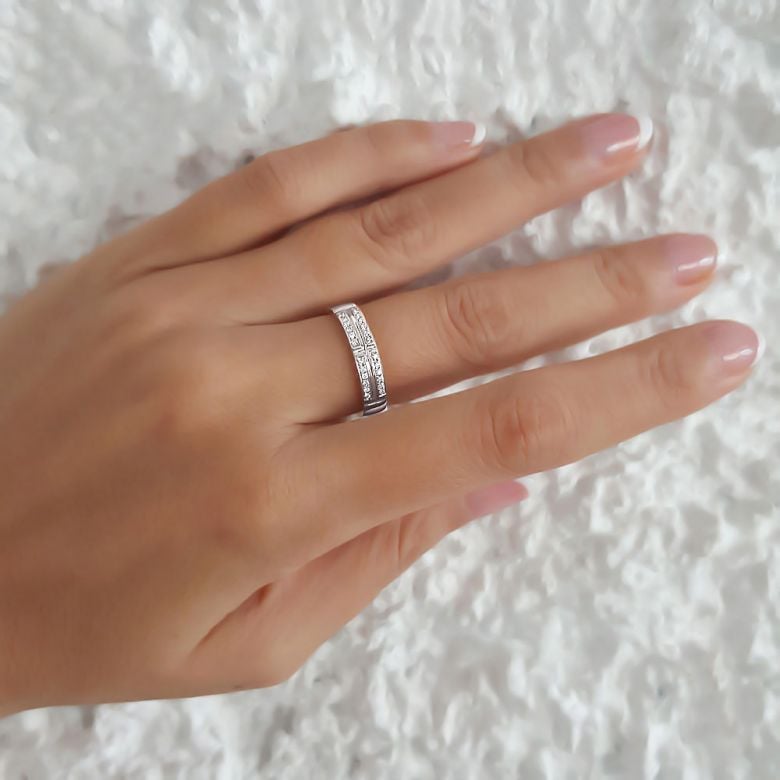 Alliance biseautée femme -  pavage Diamants Platine - 5