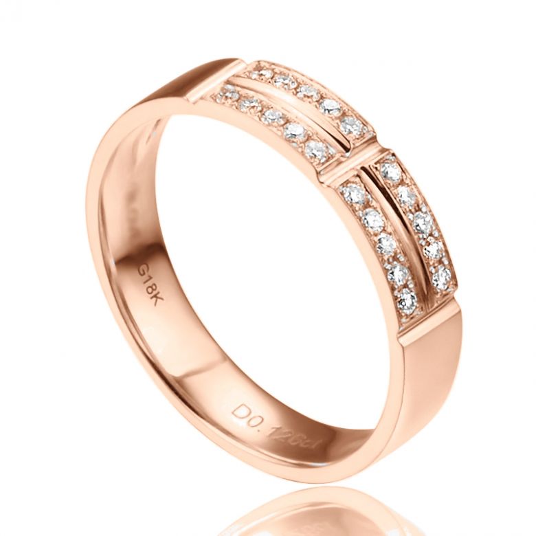 Alliance biseautée femme - Or rose - pavage Diamants - 1