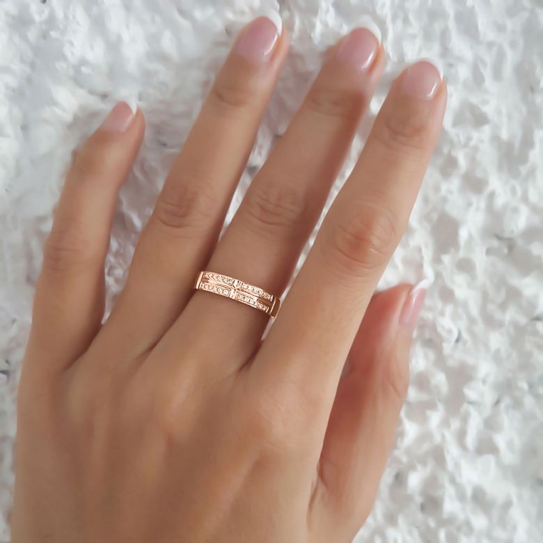 Alliance biseautée femme - Or rose - pavage Diamants - 4