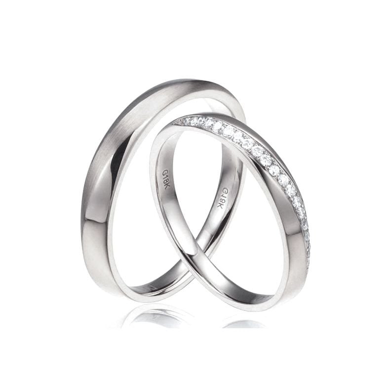 Alliances modernes homme et femme. Or blanc 18cts, diamants | Tea & Ovidio - 1