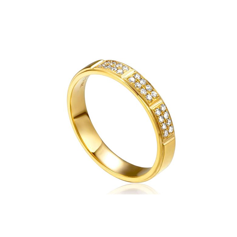 Alliance biseautée femme - Or jaune pavage diamants - 1
