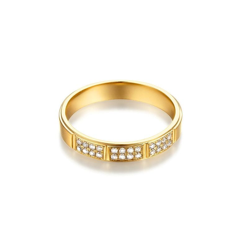Alliance biseautée femme - Or jaune pavage diamants - 3