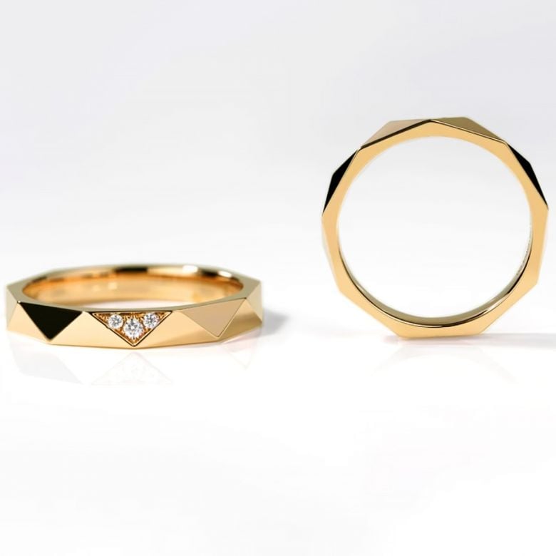 Alliances Triangulaire Couple en Or Jaune 18ct et Diamants - 2