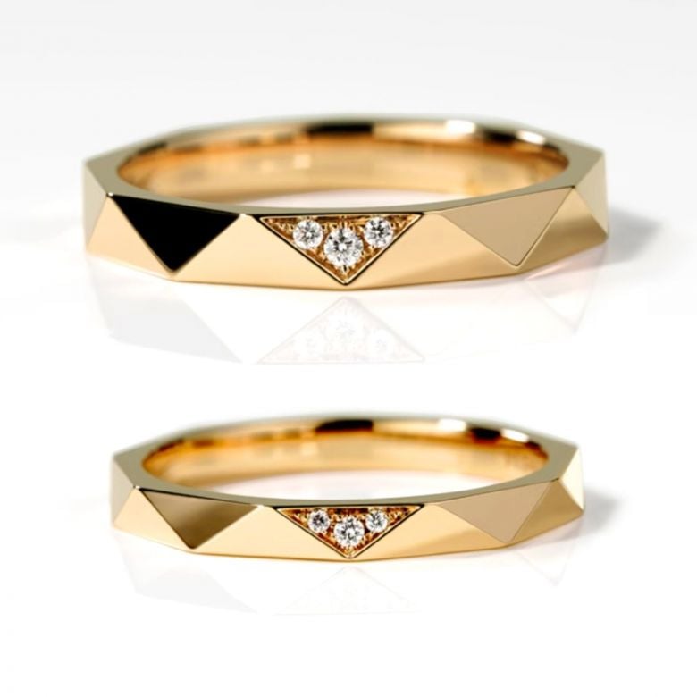 Alliances Triangulaire Couple en Or Jaune 18ct et Diamants - 3