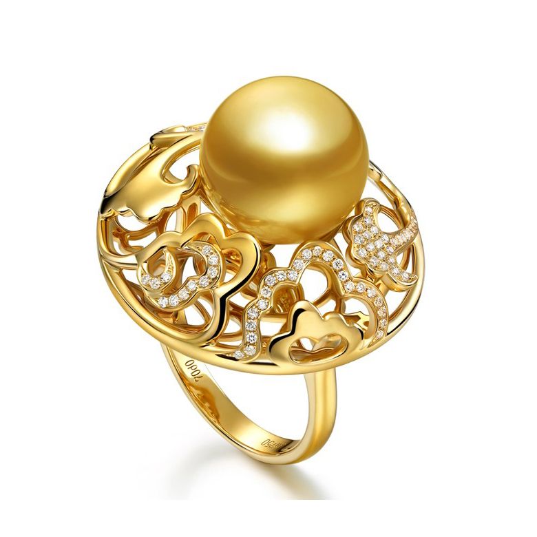 Bague fleur de pivoine - Perle dorée des mers du sud - 1