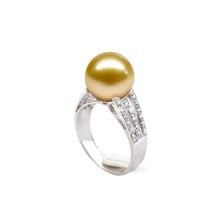 Bague Île de Barrow - Perle d'Australie dorée - Or blanc, diamants - 1