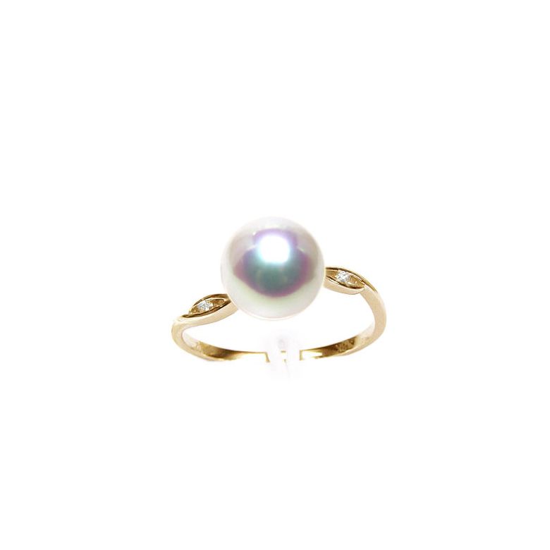 Bague or jaune - Perle Akoya blanche Japon - Diamants sertis rails  - 1