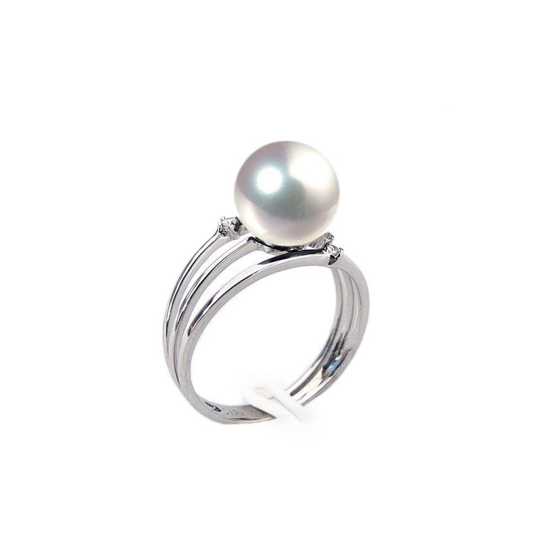 Bague or blanc - Perle Akoya blanche Japon - 3 anneaux, diamants - 1