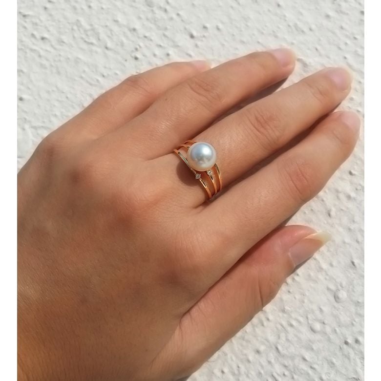 Bague or jaune - Perle Akoya blanche Japon - 3 anneaux, diamants - 3
