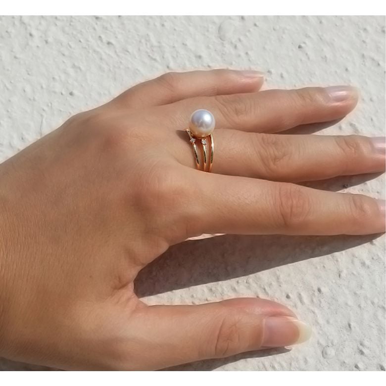Bague or jaune - Perle Akoya blanche Japon - 3 anneaux, diamants - 5