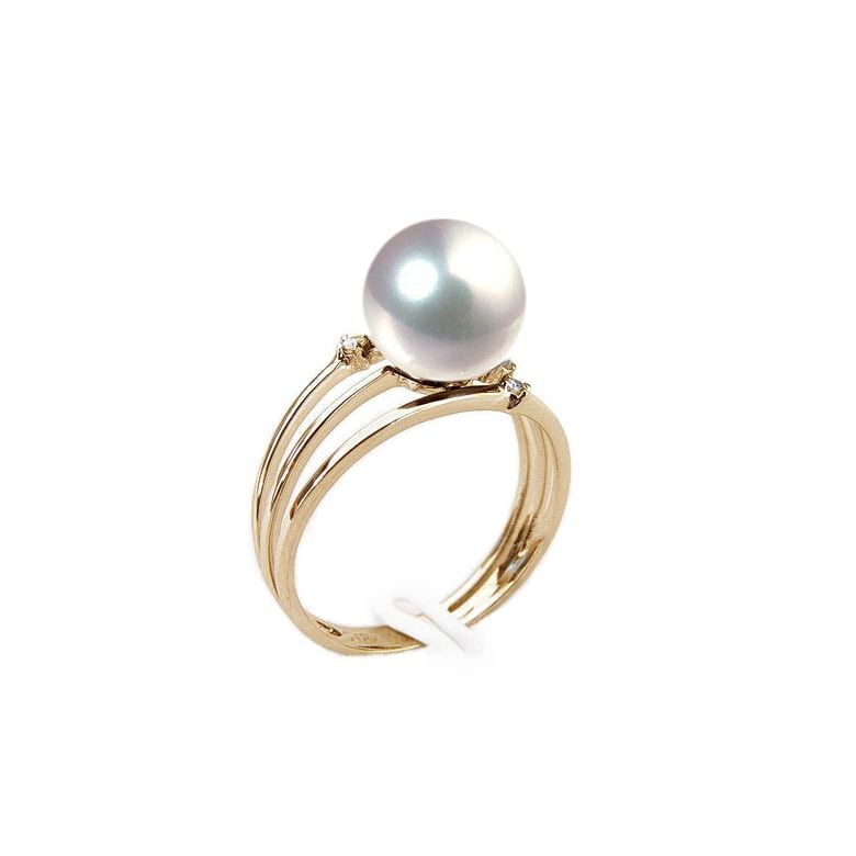 Bague or jaune - Perle Akoya blanche Japon - 3 anneaux, diamants - 1
