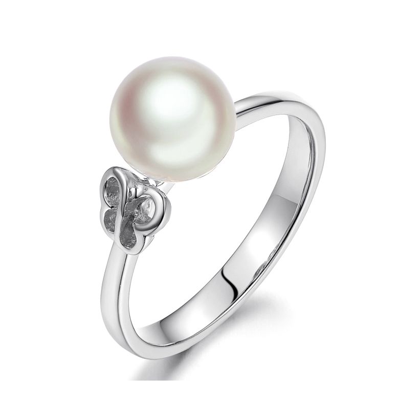 Bague anneau or blanc perle Akoya Japon. Motif Papillon - 1