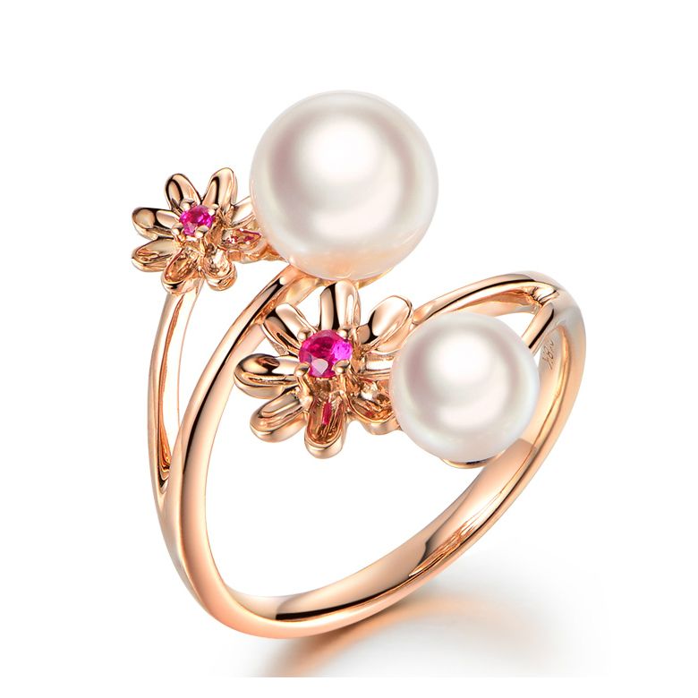 Bague or rose Toi et Moi Perles Akoya. Fleurs, Saphirs roses - 1