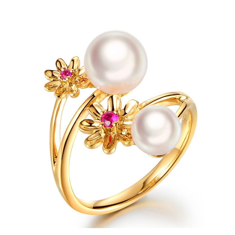 Bague or jaune Toi et Moi Perles Akoya. Fleurs, Saphirs roses - 1