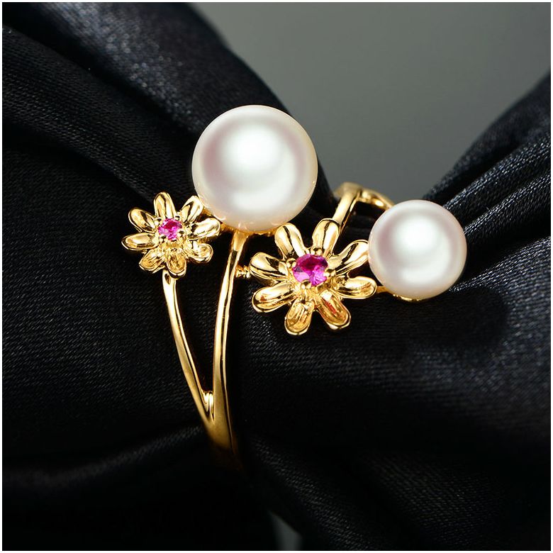 Bague or jaune Toi et Moi Perles Akoya. Fleurs, Saphirs roses - 6