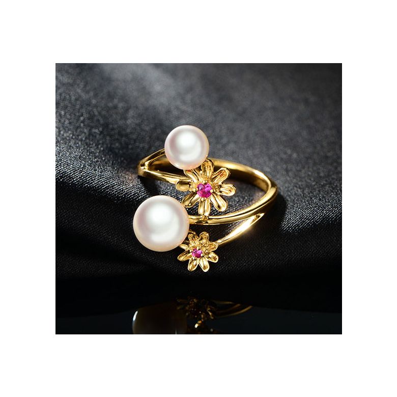 Bague or jaune Toi et Moi Perles Akoya. Fleurs, Saphirs roses - 4