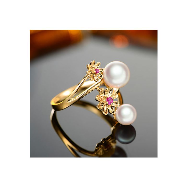 Bague or jaune Toi et Moi Perles Akoya. Fleurs, Saphirs roses - 7