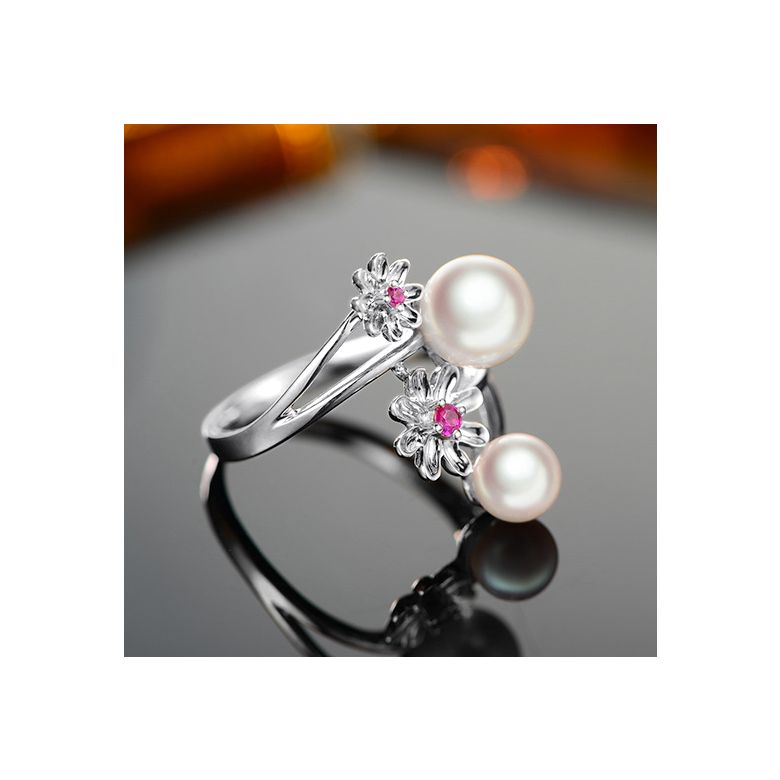 Bague Toi et Moi Perles Akoya Japon. Fleurs, Saphirs roses - 4