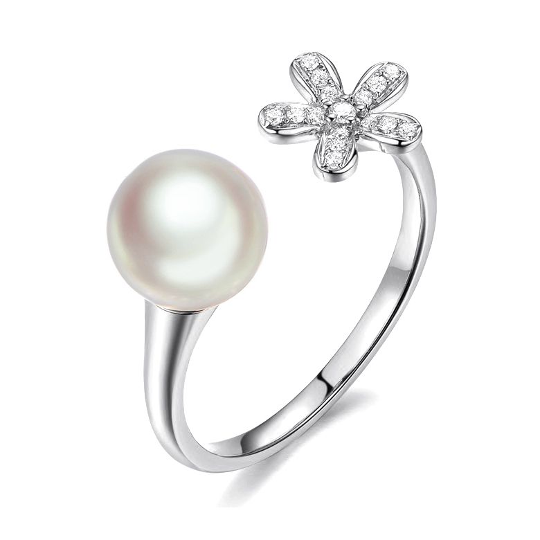 Bague fleur et perle Akoya blanche Japon. Diamants - 1
