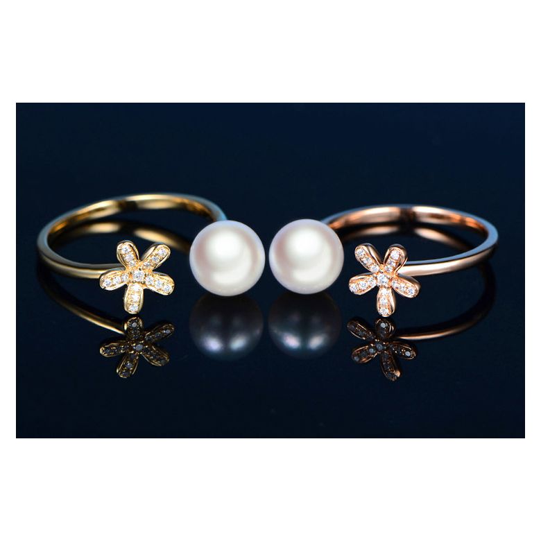 Bague fleur or jaune. Perle Akoya blanche Japon. Diamants - 6
