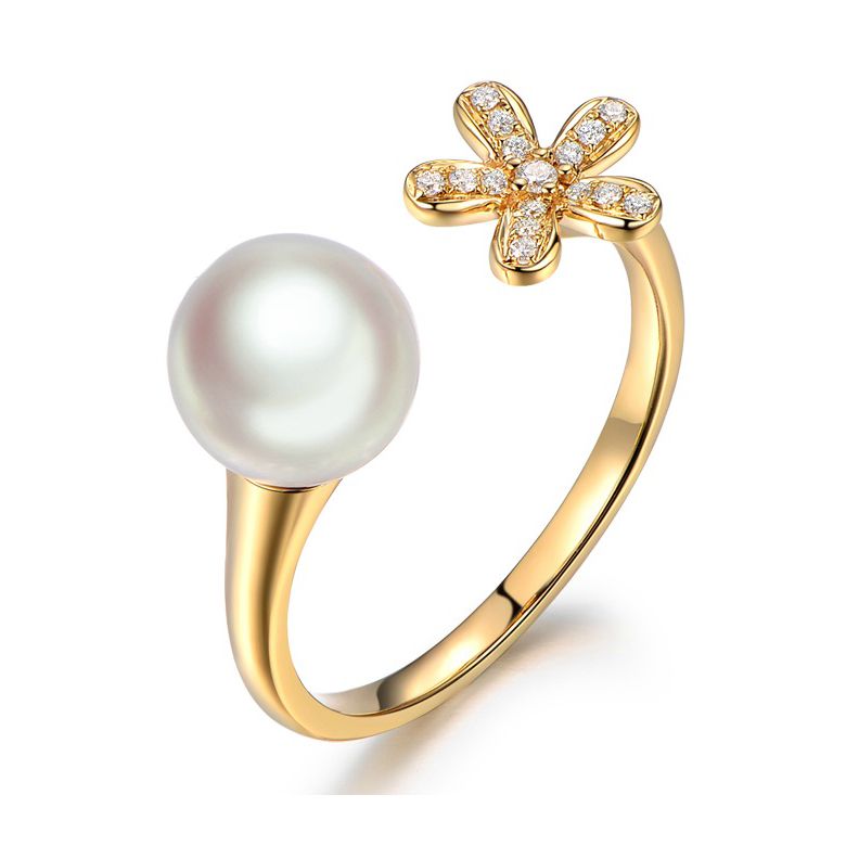 Bague fleur or jaune. Perle Akoya blanche Japon. Diamants - 1