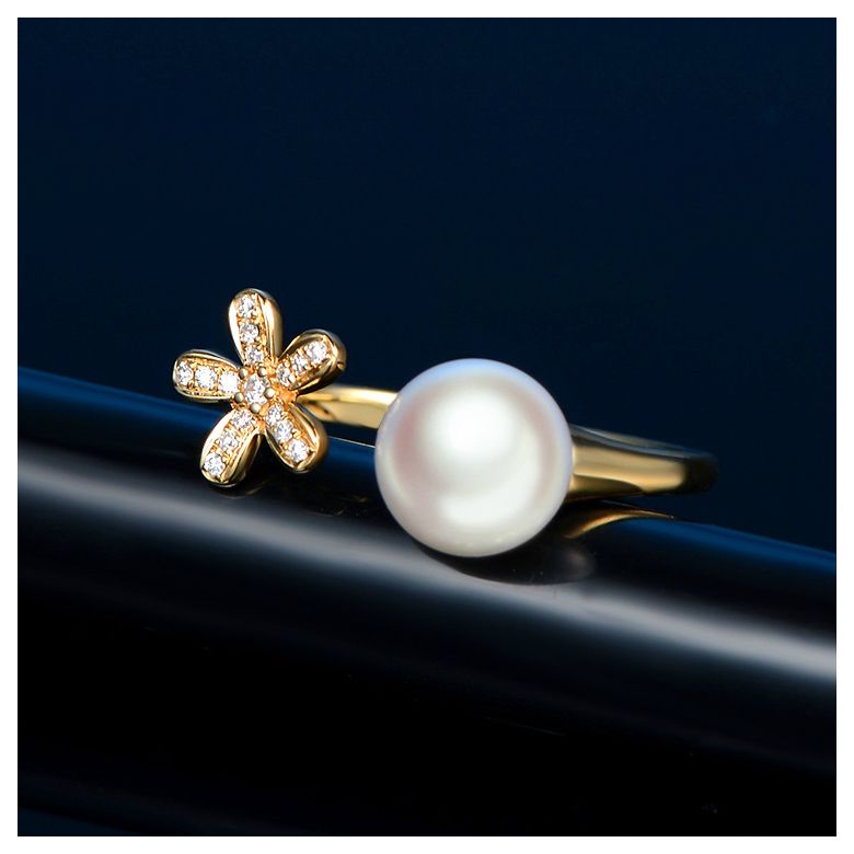 Bague fleur or jaune. Perle Akoya blanche Japon. Diamants - 3