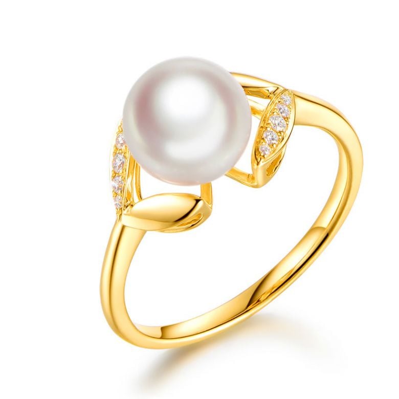 Bague pétales Or jaune, diamants et perles Akoya Japon - 1