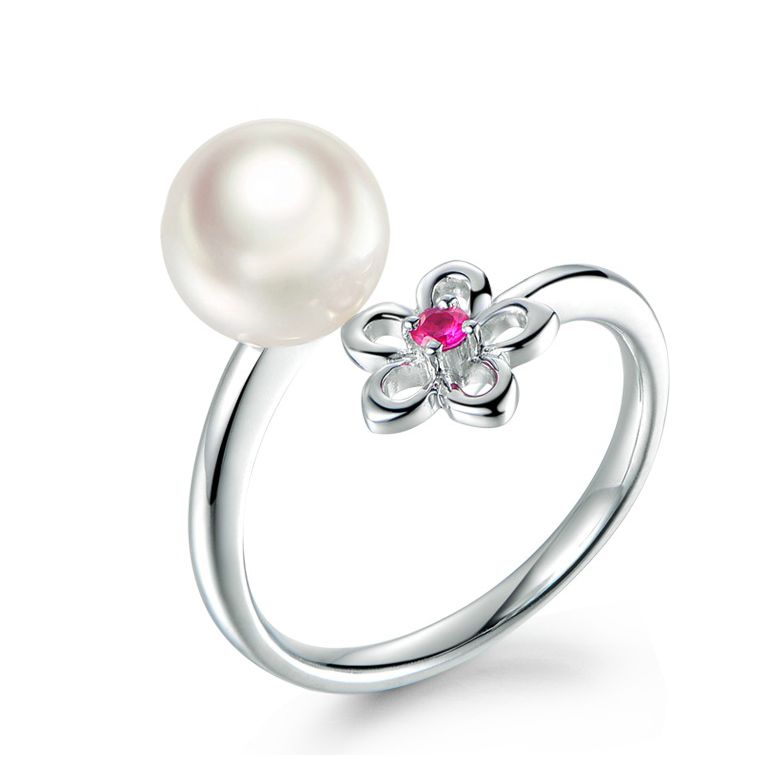 Bague fleur. Or blanc, perle Akoya et saphir rose - 1
