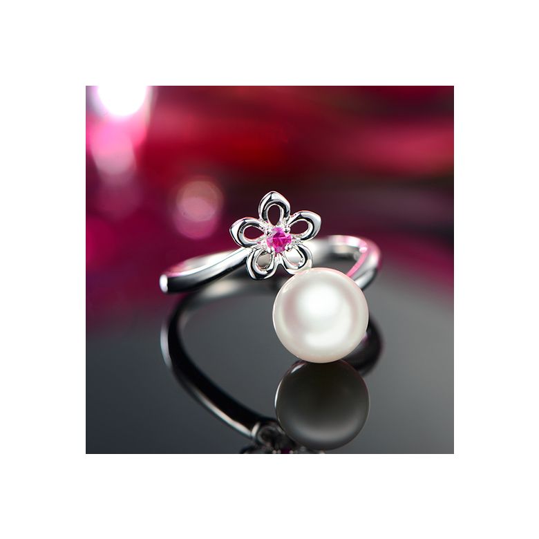 Bague fleur. Or blanc, perle Akoya et saphir rose - 3